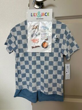 Blue Check Short Sleeve Tee Short Set.